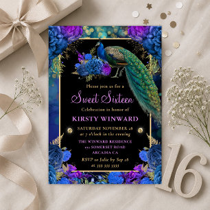 Elegant Peacock Floral Sweet Sixteen Invitation
