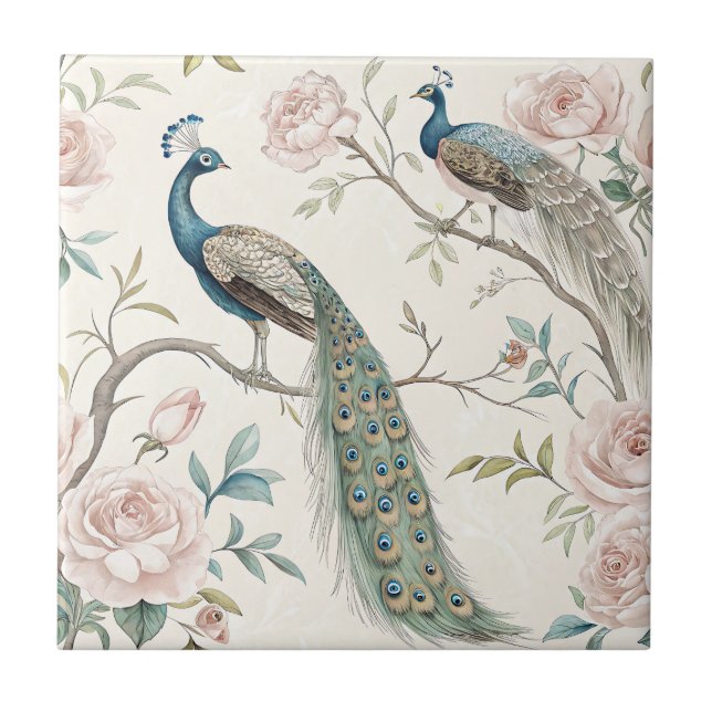 Elegant Peacock Floral Vintage (10) Ceramic Tile (Front)