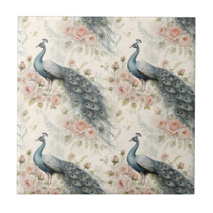 Elegant Peacock Floral Vintage (17) Ceramic Tile