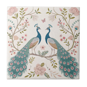 Elegant Peacock Floral Vintage (18) Ceramic Tile