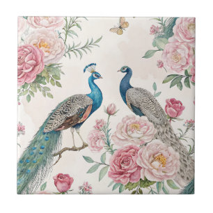Elegant Peacock Floral Vintage (1) Ceramic Tile