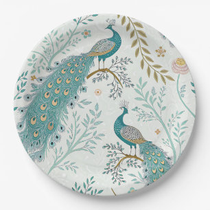 Elegant Peacock Floral Vintage (1) Paper Plate