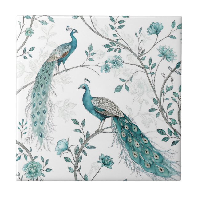 Elegant Peacock Floral Vintage (3) Ceramic Tile (Front)