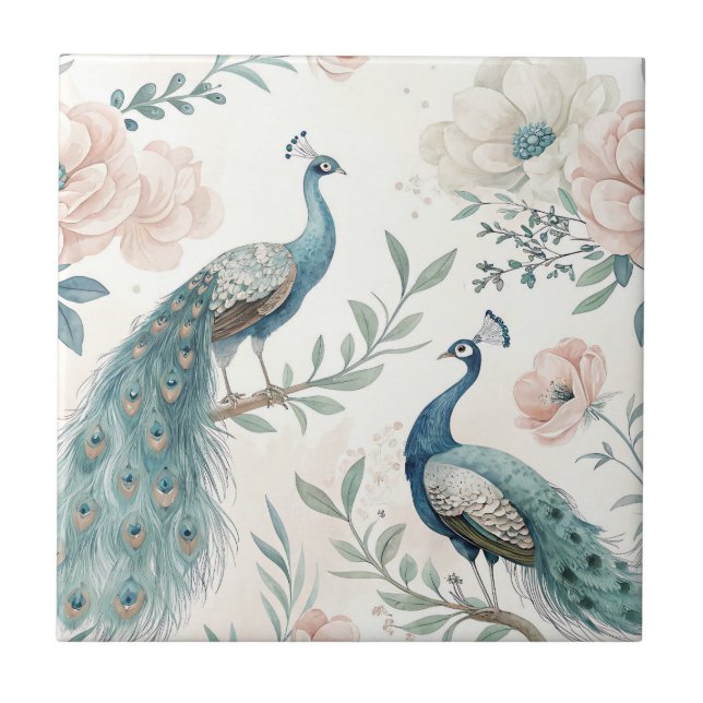 Elegant Peacock Floral Vintage (4) Ceramic Tile (Front)