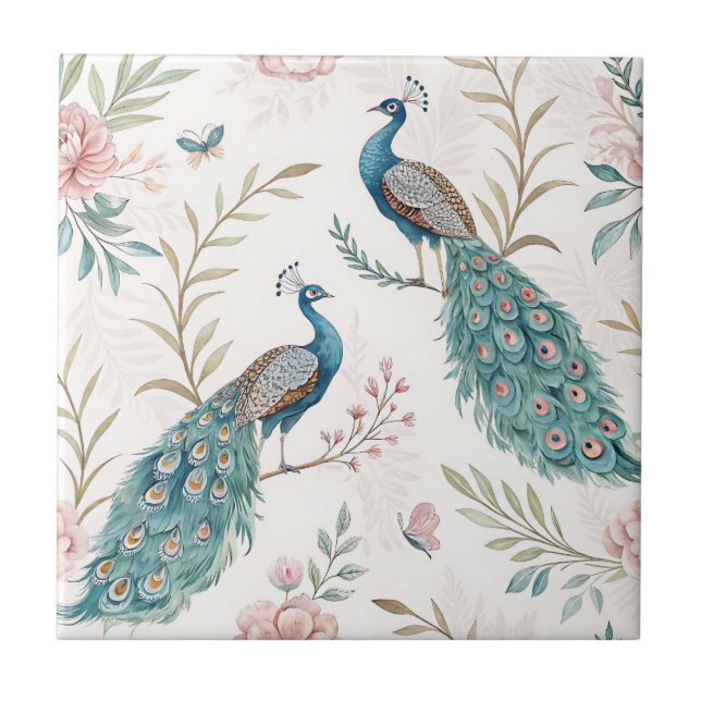 Elegant Peacock Floral Vintage (5) Ceramic Tile (Front)