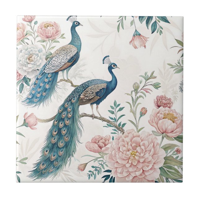Elegant Peacock Floral Vintage (8) Ceramic Tile (Front)