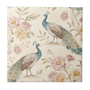 Elegant Peacock Floral Vintage (9) Ceramic Tile