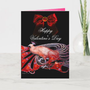 ELEGANT PEACOCK,GEM STONES,RED BOW,Valentine's Day Holiday Card