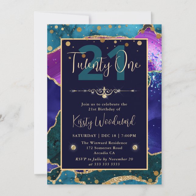 Elegant Peacock Glitter Agate Birthday Party Invitation (Front)