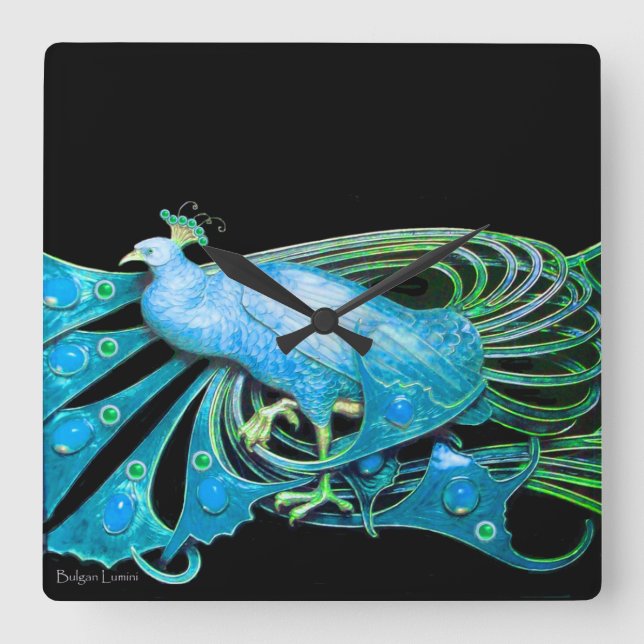 ELEGANT PEACOCK IN AQUA BLUE ,TEAL AND BLACK SQUARE WALL CLOCK (Front)