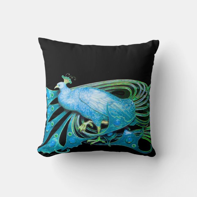 ELEGANT PEACOCK IN AQUA BLUE Teal Black Cushion (Front)