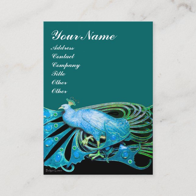 ELEGANT PEACOCK IN AQUA BLUE TEAL GREEN,BLACK BUSINESS CARD (Front)