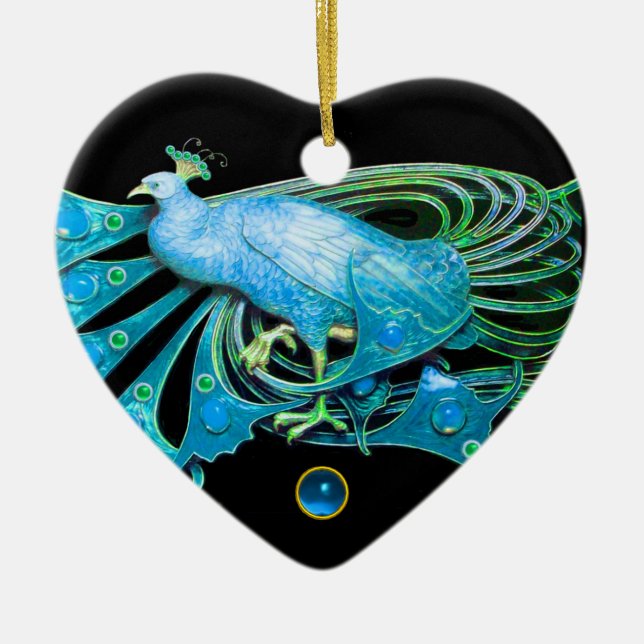 ELEGANT PEACOCK IN BLUE SAPPHIRE HEART CERAMIC TREE DECORATION (Front)