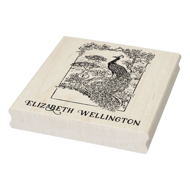 Elegant Peacock in Garden Name Initial  Rubber Stamp (Stamp)