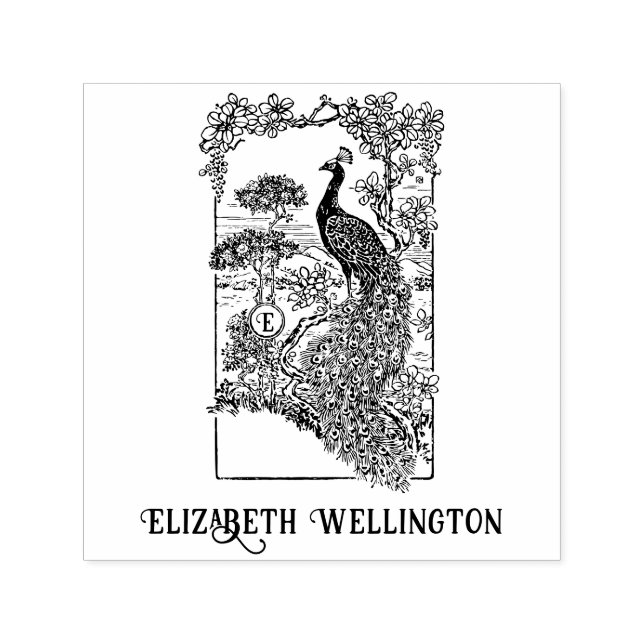 Elegant Peacock in Garden Name Initial  Self-inking Stamp (Design)