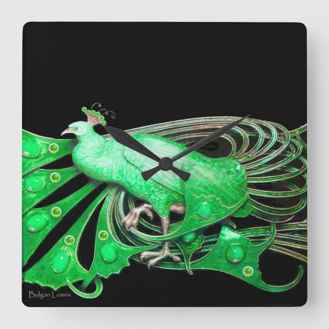 ELEGANT PEACOCK IN GREEN AND BLACK SQUARE WALL CLOCK (Front)