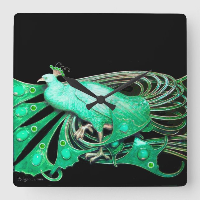 ELEGANT PEACOCK IN GREEN AND BLACK SQUARE WALL CLOCK (Front)