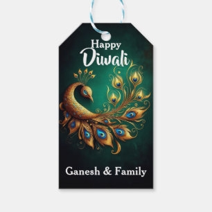 Elegant Peacock In Green Background Diwali Gift Tags
