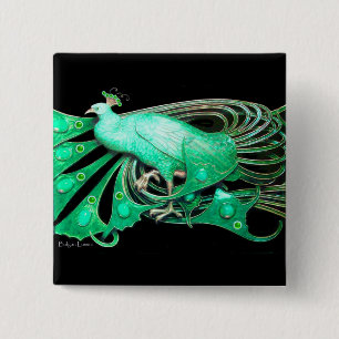 ELEGANT PEACOCK IN GREEN,BLACK 15 CM SQUARE BADGE