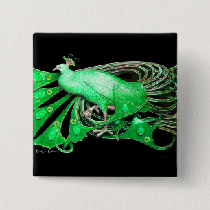ELEGANT PEACOCK IN GREEN,BLACK 15 CM SQUARE BADGE