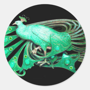 ELEGANT PEACOCK IN GREEN,BLACK CLASSIC ROUND STICKER