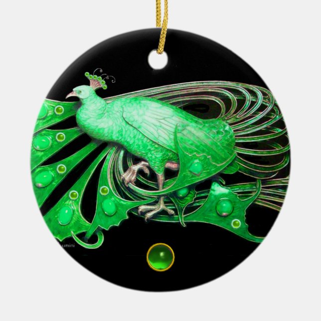 ELEGANT PEACOCK IN GREEN EMERALD CERAMIC TREE DECORATION (Front)