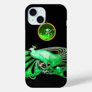 ELEGANT PEACOCK IN GREEN, EMERALD MONOGRAM iPhone 15 CASE