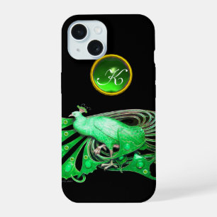 ELEGANT PEACOCK IN GREEN, EMERALD MONOGRAM iPhone 15 CASE