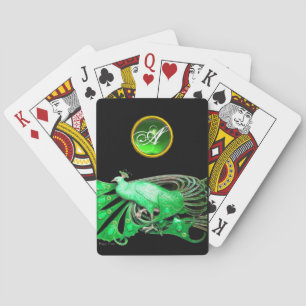 ELEGANT PEACOCK IN GREEN EMERALD MONOGRAM PLAYING CARDS