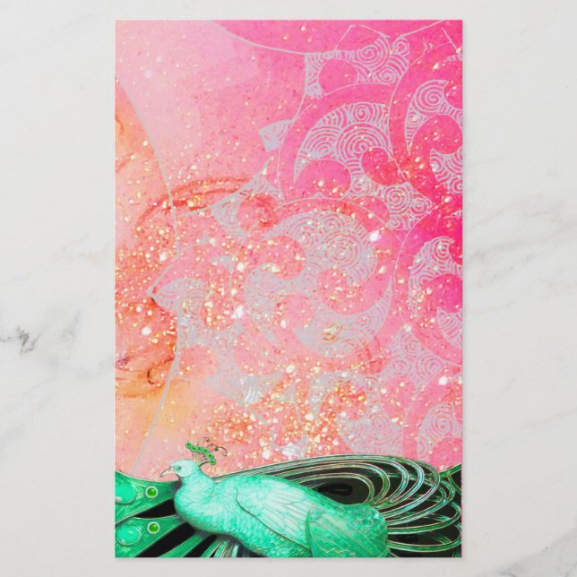 ELEGANT PEACOCK IN GREEN SPARKLING PINK FUCHSIA STATIONERY (Front)