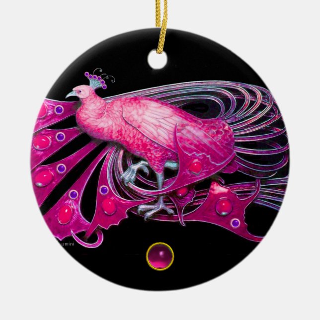 ELEGANT PEACOCK IN PINK, FUCHSIA  AMETHYST CERAMIC TREE DECORATION (Front)