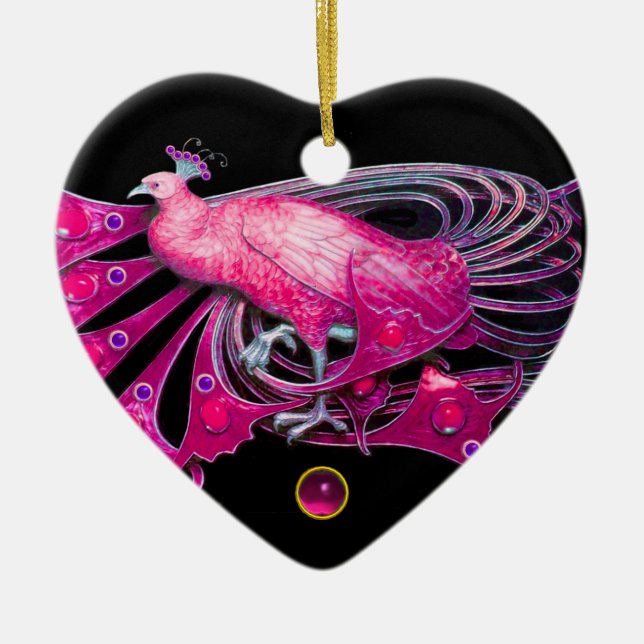 ELEGANT PEACOCK IN PINK FUCHSIA AMETHYST HEART CERAMIC ORNAMENT (Front)