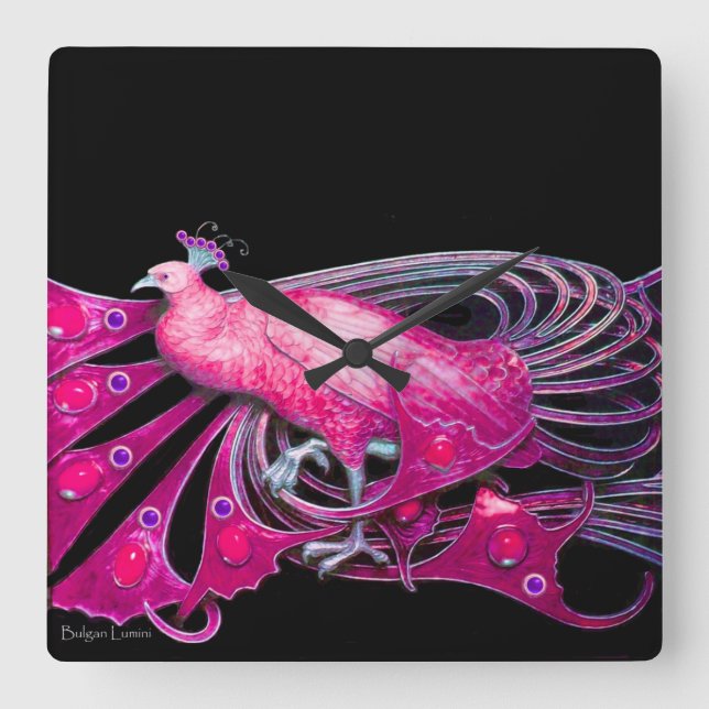 ELEGANT PEACOCK IN PINK FUCHSIA  AND BLACK SQUARE WALL CLOCK (Front)