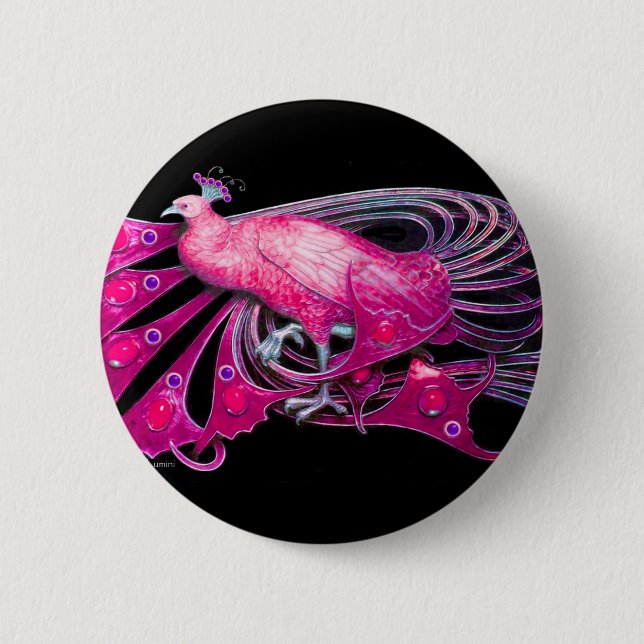 ELEGANT PEACOCK IN PINK,FUCHSIA ,BLACK 6 CM ROUND BADGE (Front)