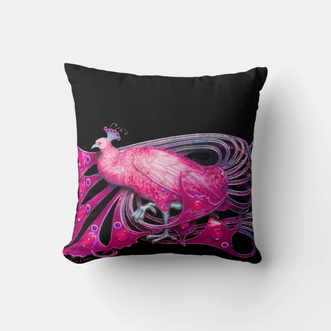 ELEGANT PEACOCK IN PINK FUCHSIA BLACK CUSHION (Front)