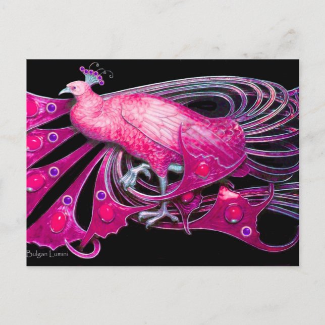 ELEGANT PEACOCK IN PINK FUCHSIA BLACK POSTCARD (Front)