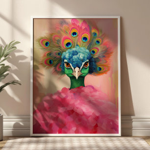Elegant Peacock in Pink Fur Animal Fashion Art Poster