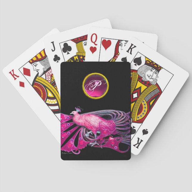 ELEGANT PEACOCK IN PINK PURPLE, AMETHYST MONOGRAM PLAYING CARDS (Back)