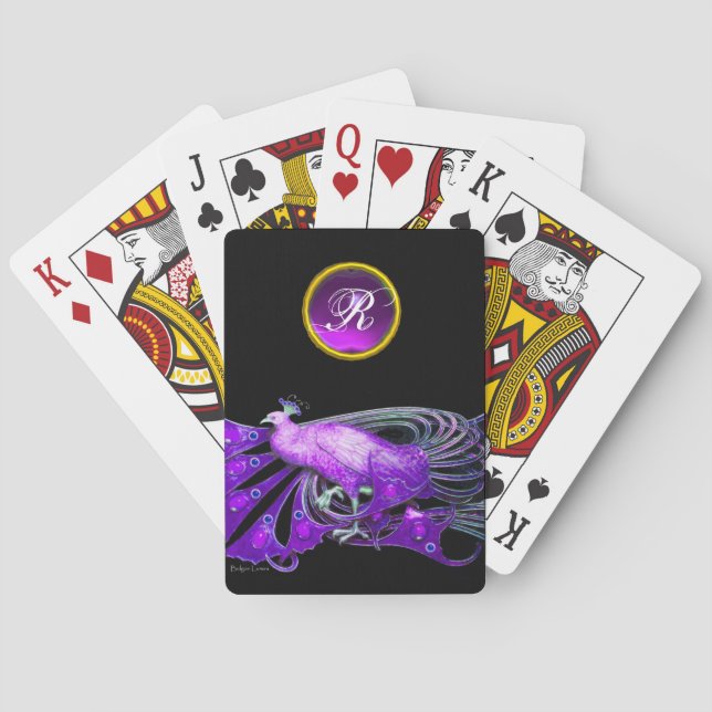 ELEGANT PEACOCK IN PURPLE, AMETHYST MONOGRAM  PLAYING CARDS (Back)