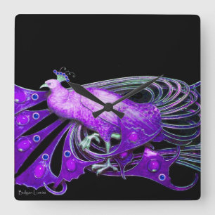 ELEGANT PEACOCK IN PURPLE AND BLACK SQUARE WALL CLOCK