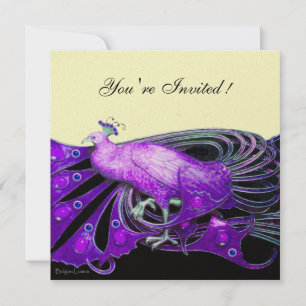 ELEGANT PEACOCK IN PURPLE BLACK AND GOLD Metallic Invitation