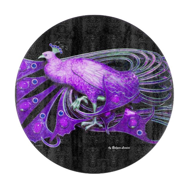 ELEGANT PEACOCK IN PURPLE BLACK CUTTING BOARD (Front)