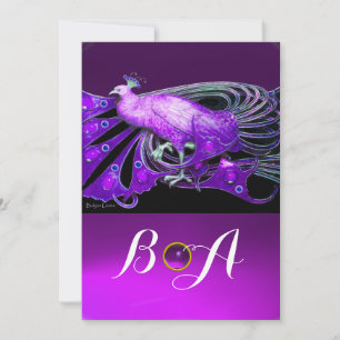ELEGANT PEACOCK IN PURPLE,BLACK WEDDING  MONOGRAM INVITATION