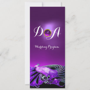 ELEGANT PEACOCK IN PURPLE,BLACK WEDDING  MONOGRAM INVITATION