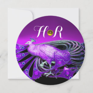 ELEGANT PEACOCK IN PURPLE,BLACK WEDDING  MONOGRAM INVITATION