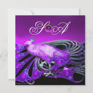 ELEGANT PEACOCK IN PURPLE,BLACK WEDDING  MONOGRAM INVITATION