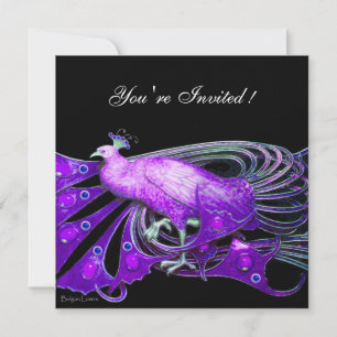 ELEGANT PEACOCK IN PURPLE ,BLACK WEDDING PARTY INVITATION