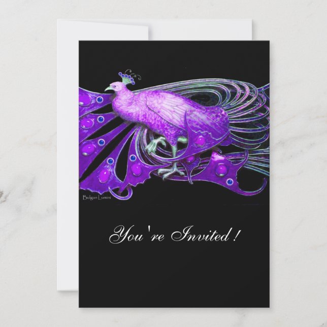 ELEGANT PEACOCK IN PURPLE ,BLACK WEDDING PARTY INVITATION (Front)