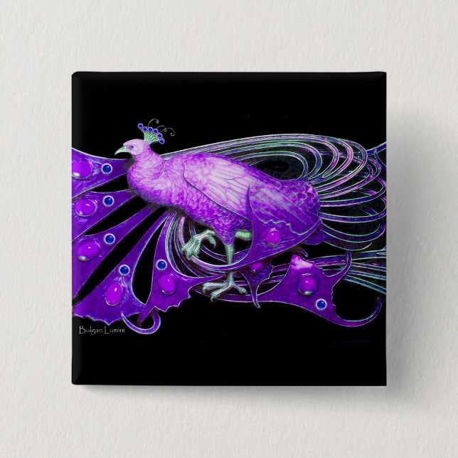 ELEGANT PEACOCK IN PURPLE VIOLET,BLACK 15 CM SQUARE BADGE (Front)