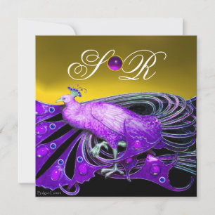 ELEGANT PEACOCK IN PURPLE,YELLOW WEDDING  MONOGRAM INVITATION